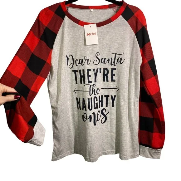 Amasoo holiday Christmas long sleeve tee plaid red, black, gray women's XL - Picture 8 of 9